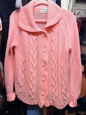 Sears Pink Cable Knit Cardigan Sweater Shawl Collar Covered Buttons